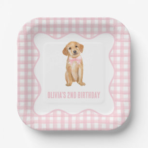 Puppy preppy pink plaid birthday paper plates