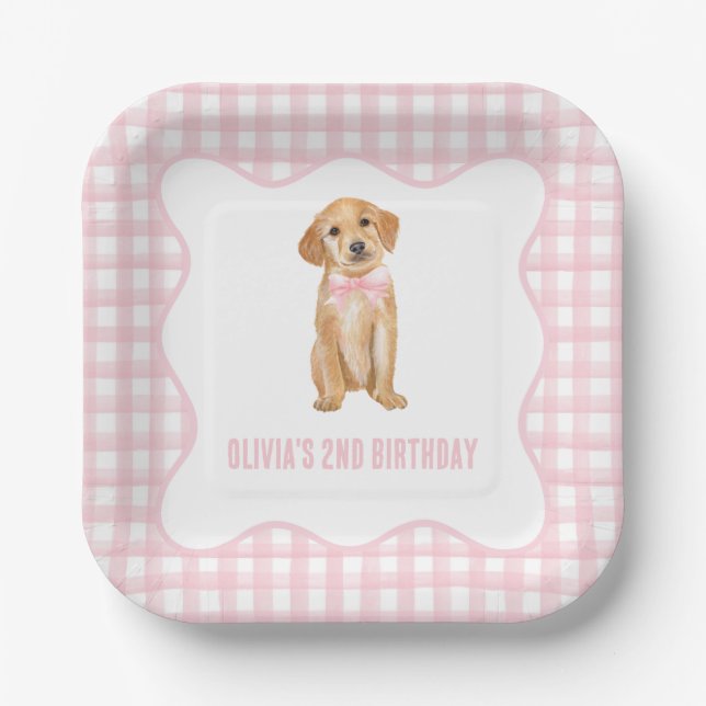Puppy preppy pink plaid birthday paper plates (Front)