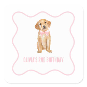 Puppy preppy pink plaid birthday square sticker
