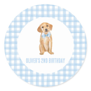 Puppy preppy plaid birthday classic round sticker