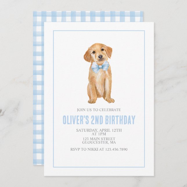 Puppy preppy plaid birthday invitation (Front/Back)
