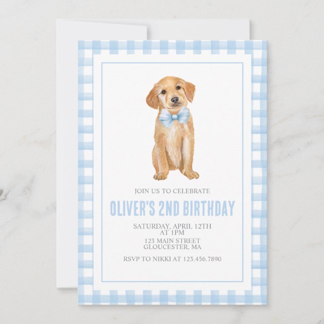 Puppy preppy plaid birthday invitation (Front)