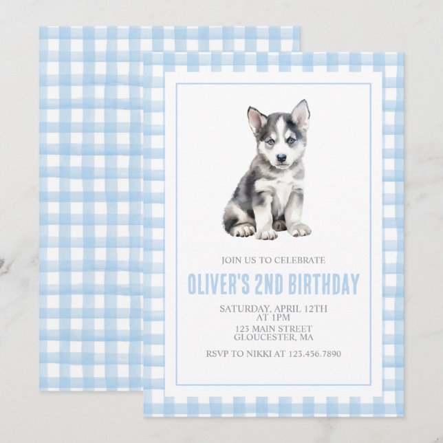 Puppy preppy plaid birthday invitation (Front/Back)
