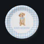 Puppy preppy plaid birthday paper plates<br><div class="desc">Preppy puppy golden retriever birthday with blue bow and blue plaid.</div>
