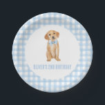 Puppy preppy plaid birthday paper plates<br><div class="desc">Preppy puppy golden retriever birthday with blue bow and blue plaid.</div>