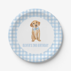 Puppy preppy plaid birthday paper plates