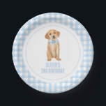 Puppy preppy plaid birthday paper plates<br><div class="desc">Preppy puppy golden retriever birthday with blue bow and blue plaid.</div>