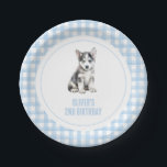 Puppy preppy plaid birthday paper plates<br><div class="desc">Preppy puppy husky birthday with blue plaid.</div>
