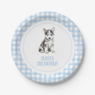 Puppy preppy plaid birthday paper plates