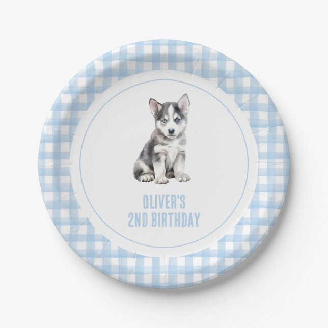 Puppy preppy plaid birthday paper plates (Front)