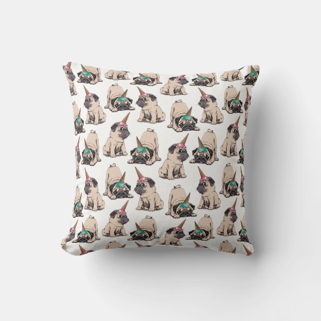 Puppy Pugs | Aspiring Unicorn Pattern Throw Pillow (Front)