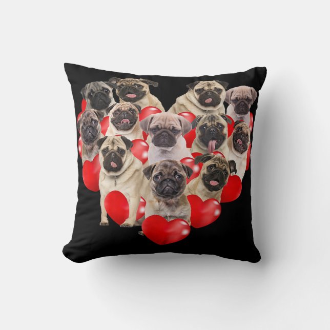 Puppy Pugs Dog Heart | Valentine's Day Gift Throw Pillow (Front)
