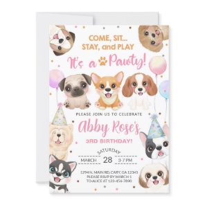 Puppy, puppies, pawty girl birthday invitation. in invitation