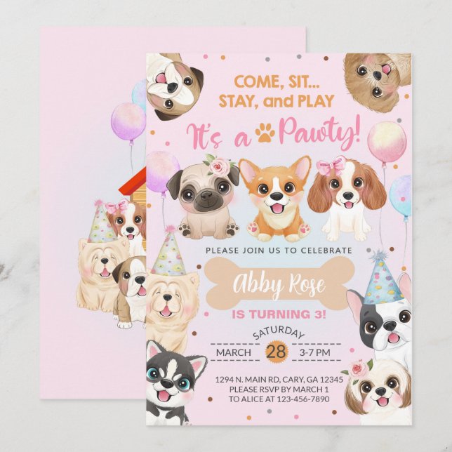 Puppy, puppies, pawty girl birthday invitation. in invitation (Front/Back)
