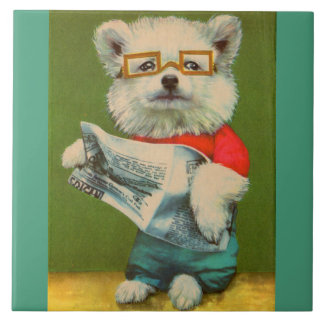 puppy reading the newspaper ceramic tile