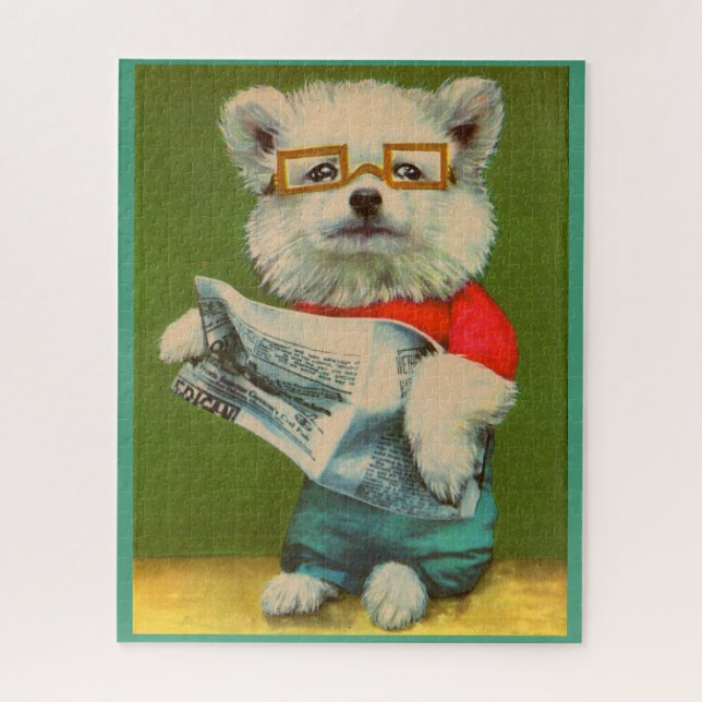 puppy reading the newspaper jigsaw puzzle (Vertical)