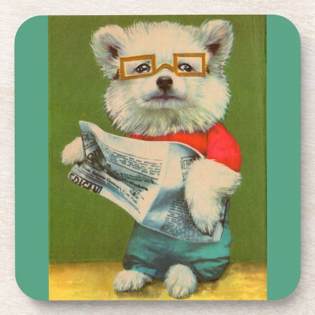 puppy reading the newspaper print beverage coaster (Front)