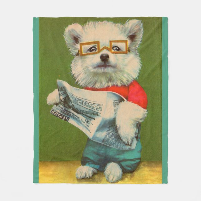 puppy reading the newspaper print fleece blanket (Front)