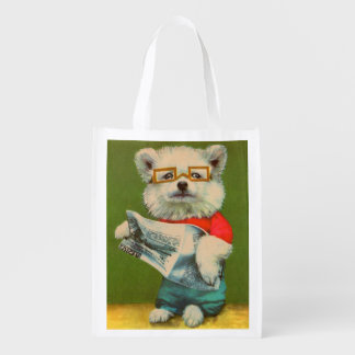 puppy reading the newspaper print grocery bag