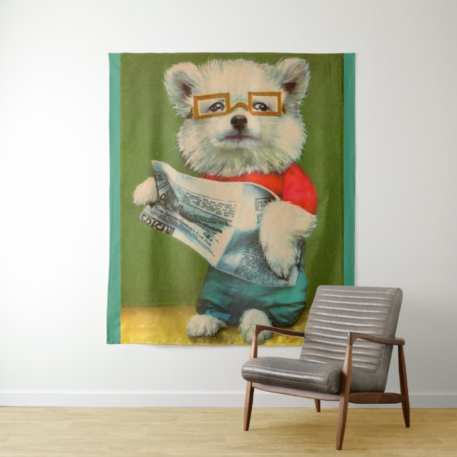 puppy reading the newspaper tapestry (In Situ)