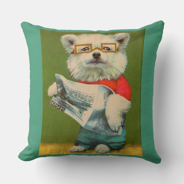 puppy reading the newspaper throw pillow (Front)