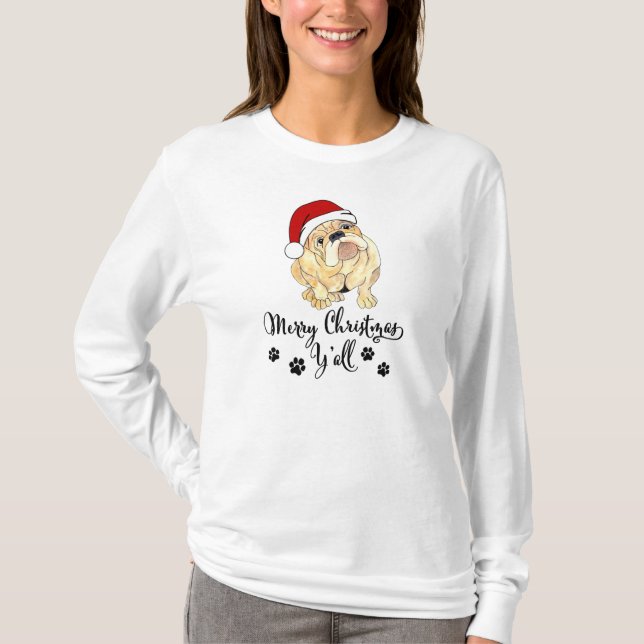 *~* Puppy Red Santa Hat Merry Christmas Paw Prints T-Shirt (Front)