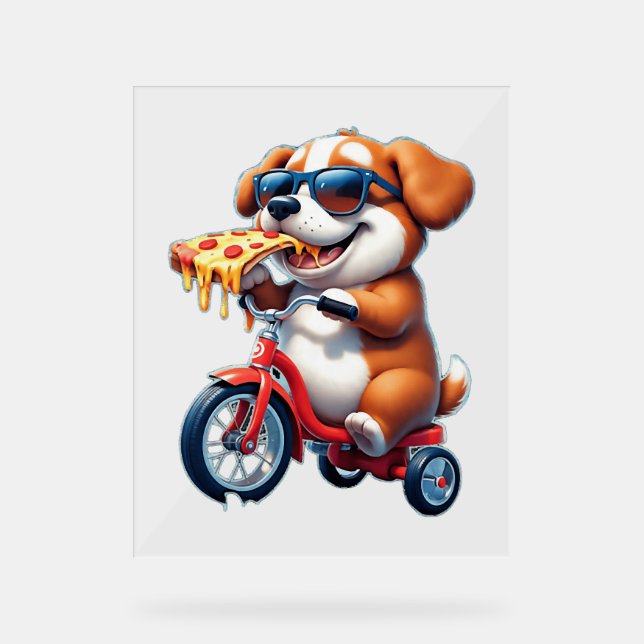 puppy riding a bike eating pizza acrylic sign (Front)