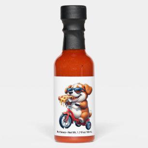 puppy riding a bike eating pizza hot sauces