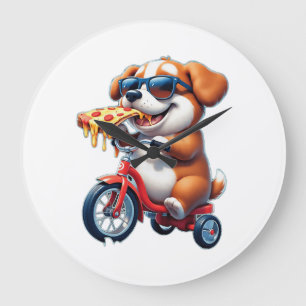 puppy riding a bike eating pizza large clock