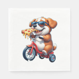 puppy riding a bike eating pizza napkins