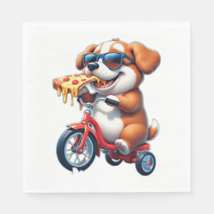 puppy riding a bike eating pizza napkins