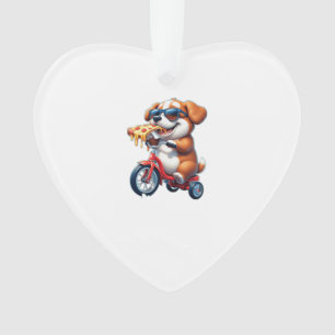 puppy riding a bike eating pizza ornament