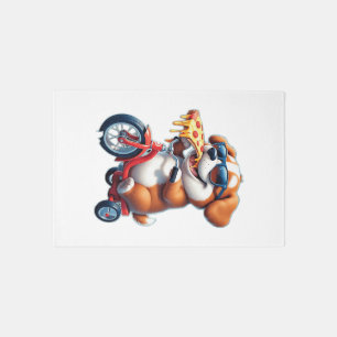 puppy riding a bike eating pizza rug