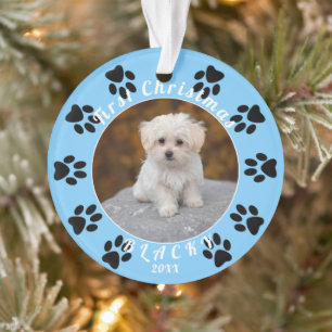 Puppy`s First Christmas Blue Paw Dog Photo Ornament