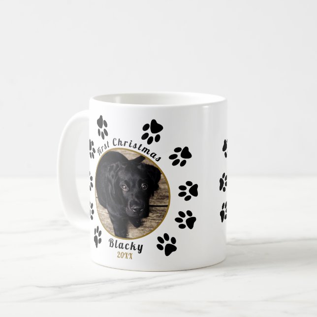 Puppy`s First Christmas Paw Print Dog Photo Coffee Mug (Front Left)
