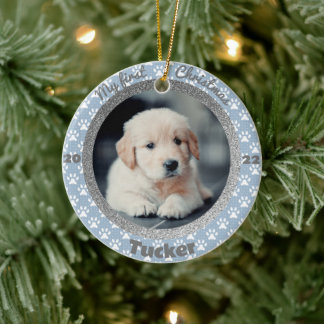 Puppy’s First Christmas Photo Blue Paw Print Ceramic Ornament