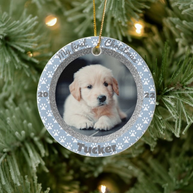 Puppy’s First Christmas Photo Blue Paw Print Ceramic Ornament (Tree)