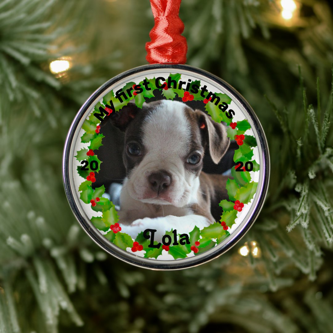 Puppy’s First Christmas Photo Metal Ornament Zazzle