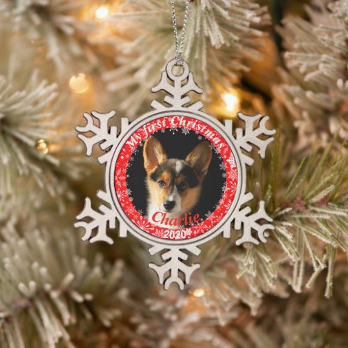 Puppys First Christmas Photo Snowflake Pewter Christmas Ornament