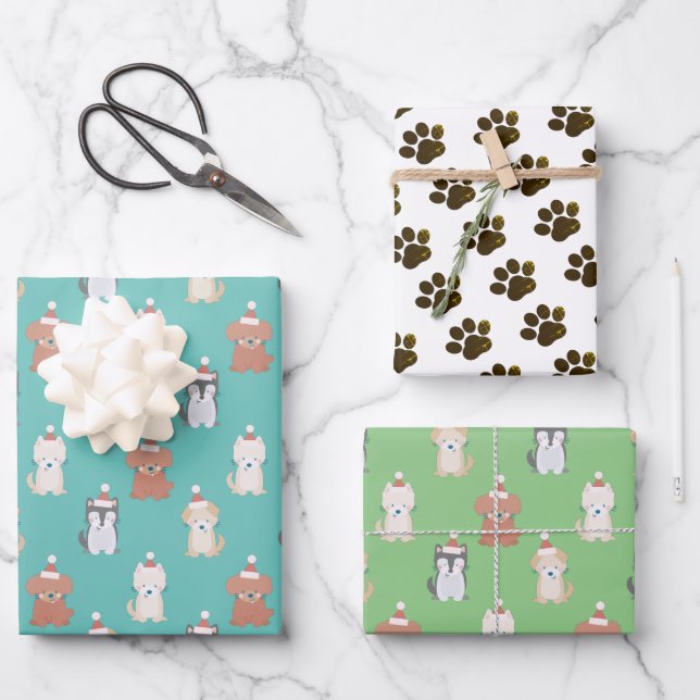 Puppy Santa Hat Blue Christmas Holiday Wrapping Paper Sheets (Front)