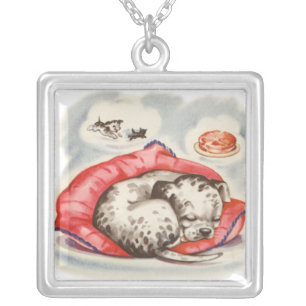 puppy sleeping silver plated necklace