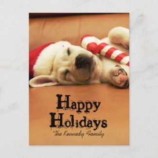 Puppy sleeps on sofa with christmas toys holiday postcard
