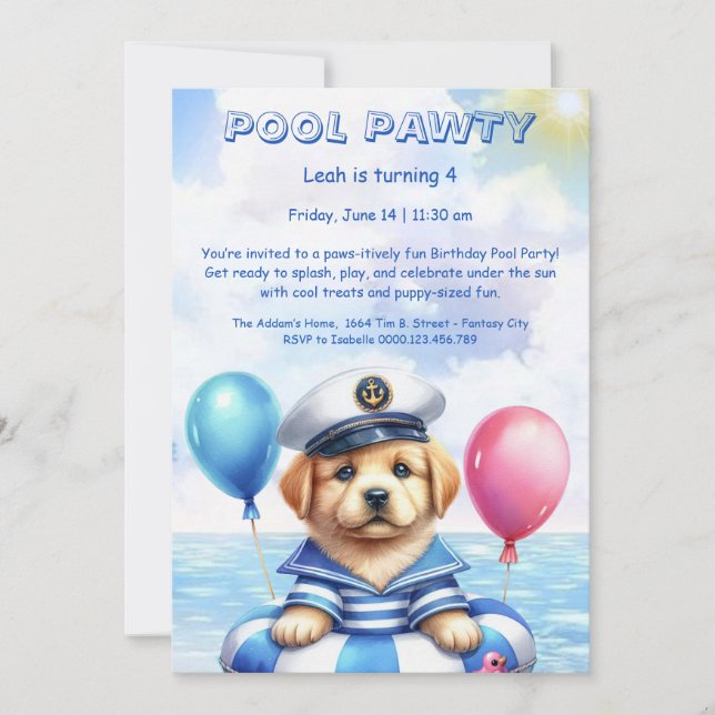 Puppy Splash Birthday Pool Party Invitation (Front)