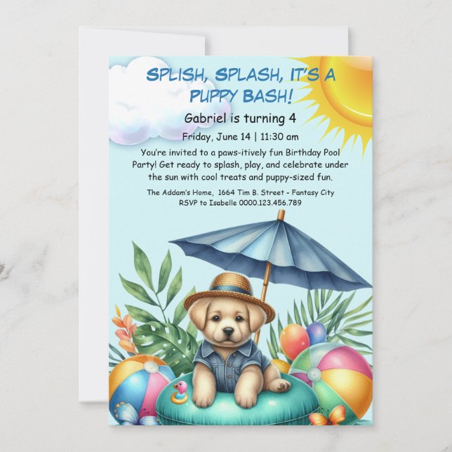 Puppy Splash Birthday Pool Party Invitation (Front)