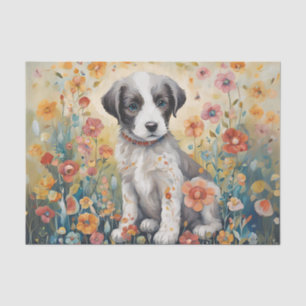 Puppy Surrounded by Flowers Decoupage Tissue Paper