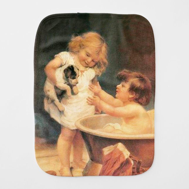 Puppy Taking A Bath Vintage Antique Burp Cloth (Front)