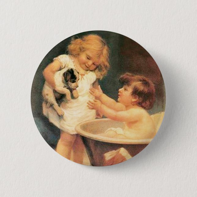 Puppy Taking A Bath Vintage Antique Button (Front)