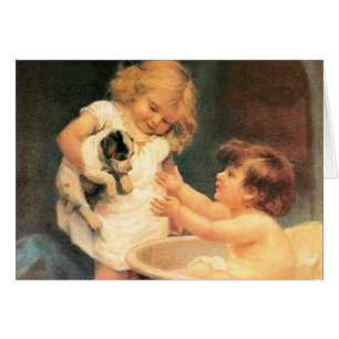 Puppy Taking A Bath Vintage Antique Cards