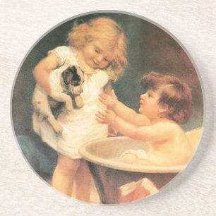 Puppy Taking A Bath Vintage Antique Coaster