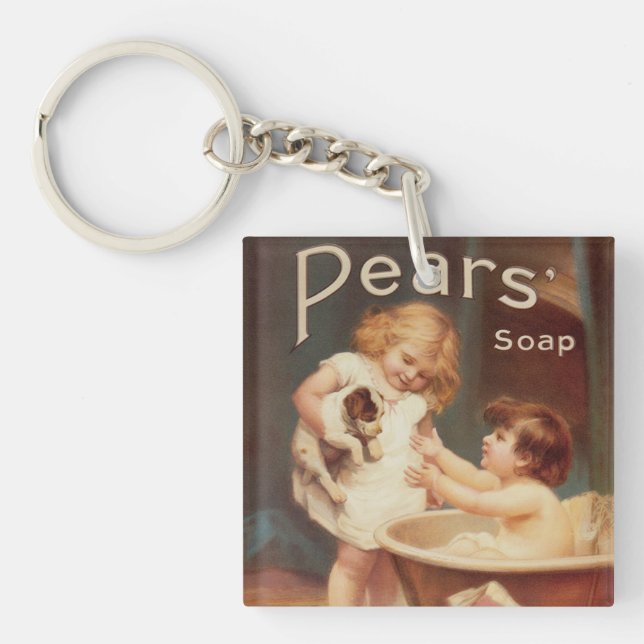 Puppy Taking A Bath Vintage Antique Keychain (Front)